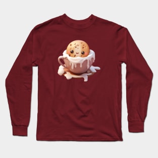 Cute Kawaii Chocolate Chip Cookie in a cup of hot chocolate and cream Long Sleeve T-Shirt